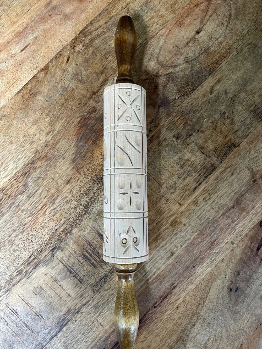 Carved Pattern Wooden Rolling Pin with Dark Turned Handles